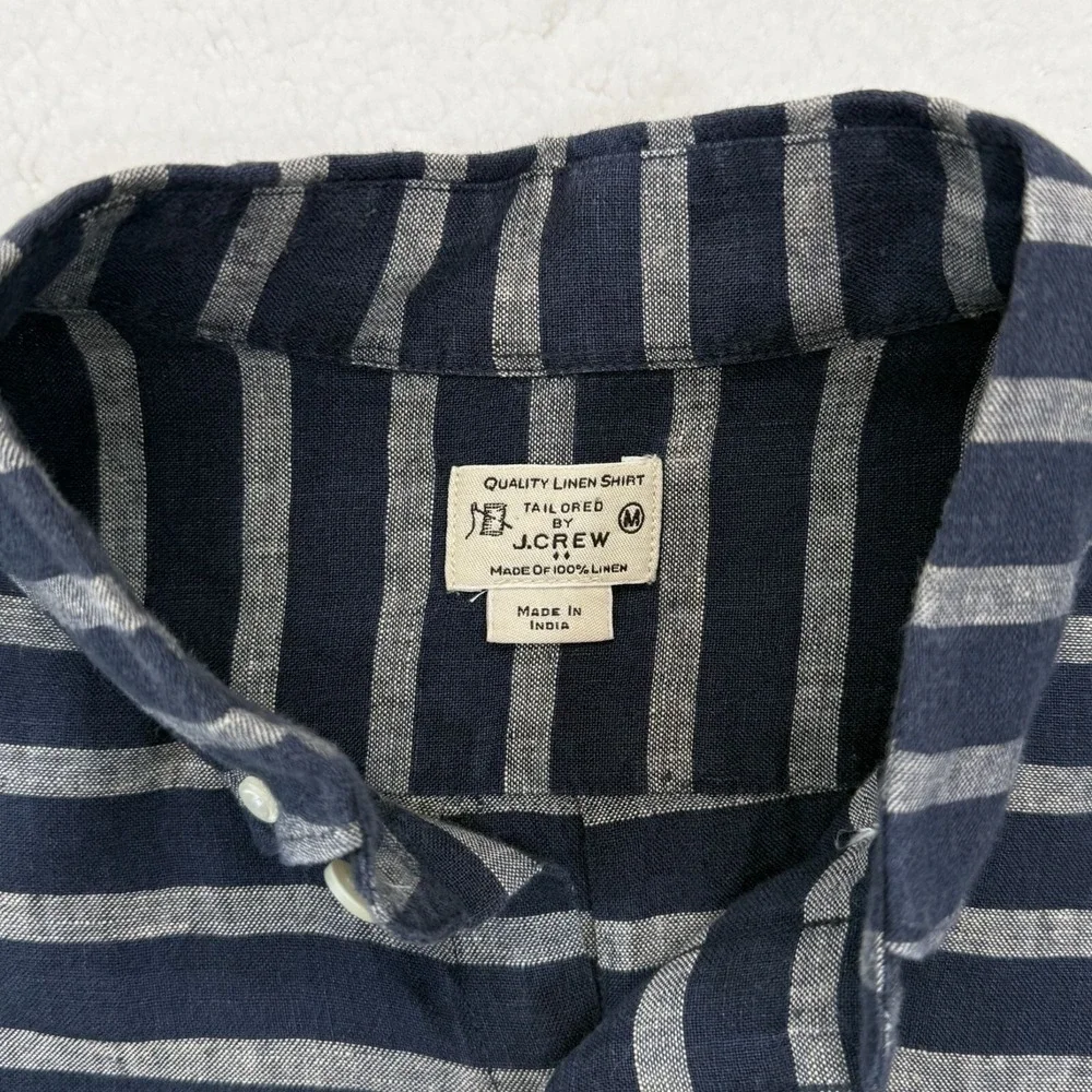 J.Crew 100% Linen Button Down Shirt SS Blue Gray Stripe Fisherman Coastal Mens M